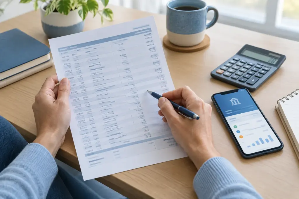 Une personne consulte un relevé bancaire et une calculatrice posés sur un bureau.