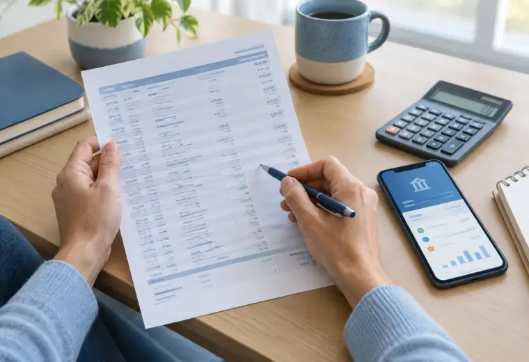 Une personne consulte un relevé bancaire et une calculatrice posés sur un bureau.