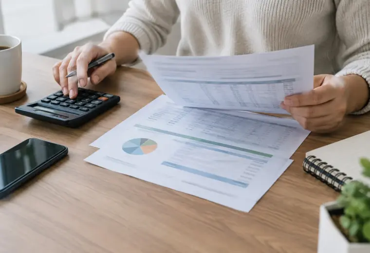 Des mains consultent un relevé bancaire et un budget à côté d’une calculatrice.