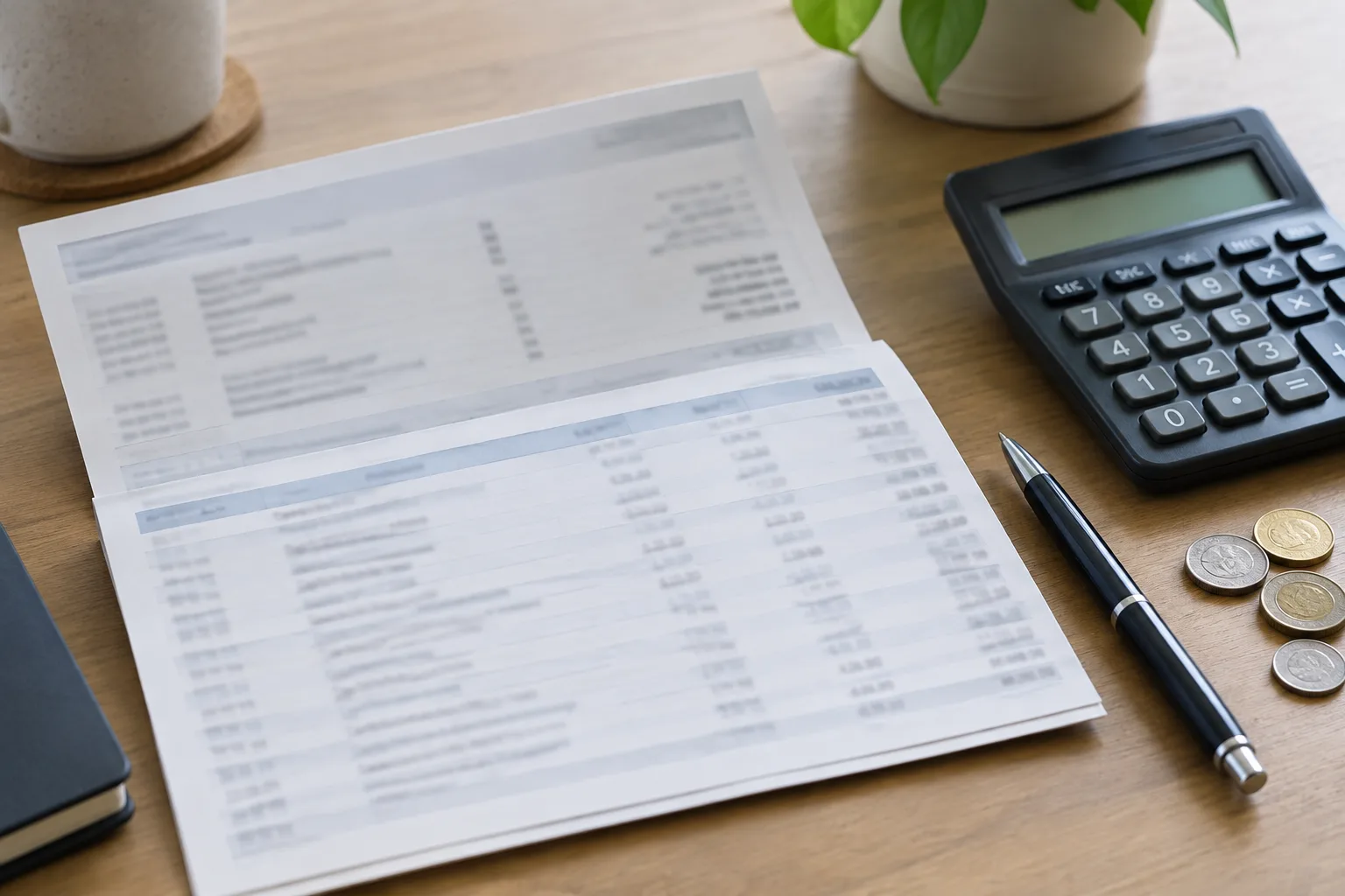 Relevé bancaire illisible et calculatrice utilisés pour examiner des frais.