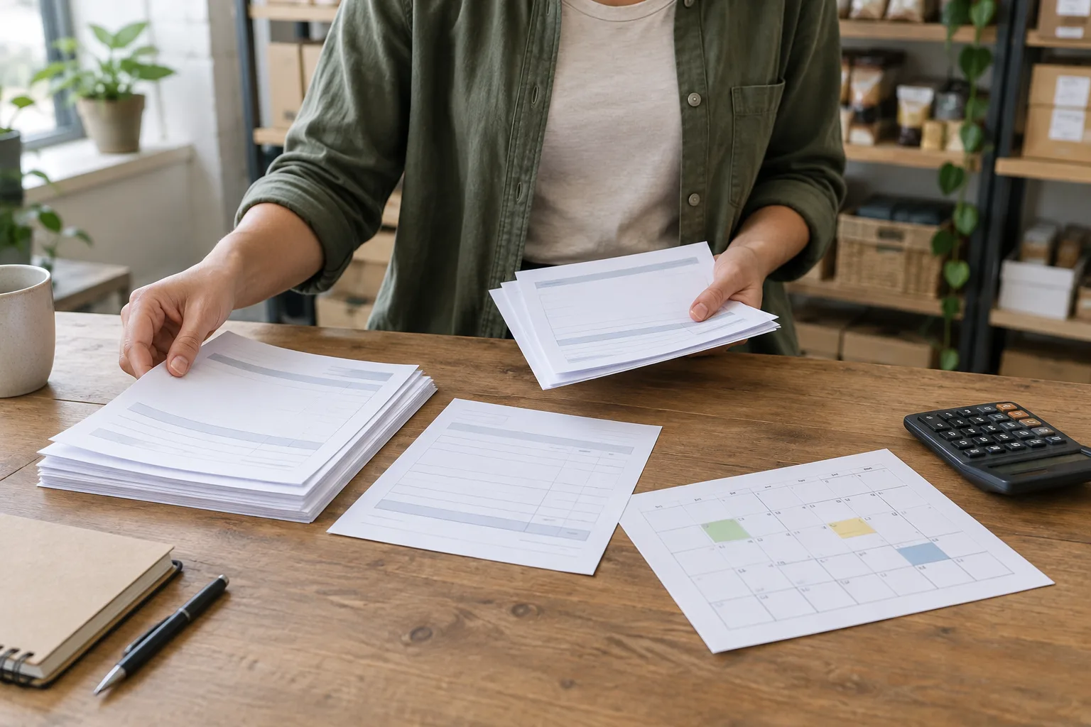 Mains organisant des factures vierges et un calendrier de trésorerie sur une table.