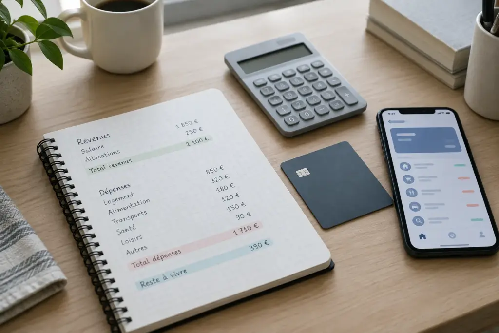 Carnet de budget, carte bancaire et calculatrice posés sur un bureau.