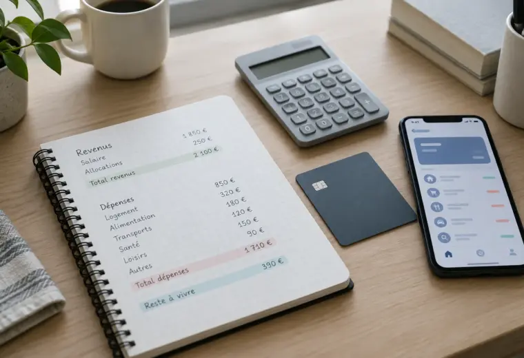 Carnet de budget, carte bancaire et calculatrice posés sur un bureau.