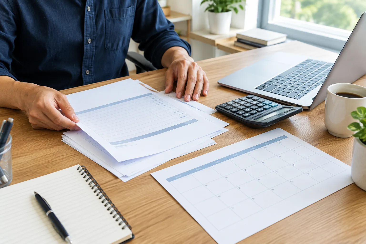 Un dirigeant organise des factures et un calendrier pour prévoir les entrées et sorties de trésorerie.