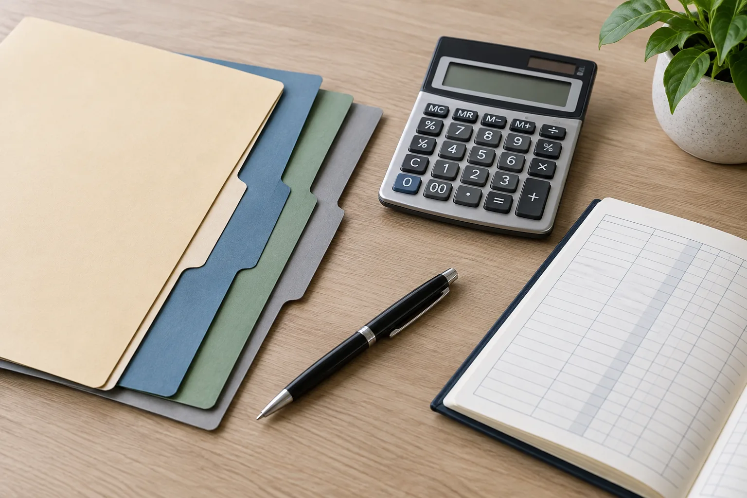 Des dossiers vierges, un registre et une calculatrice évoquent la comparaison de solutions de financement.
