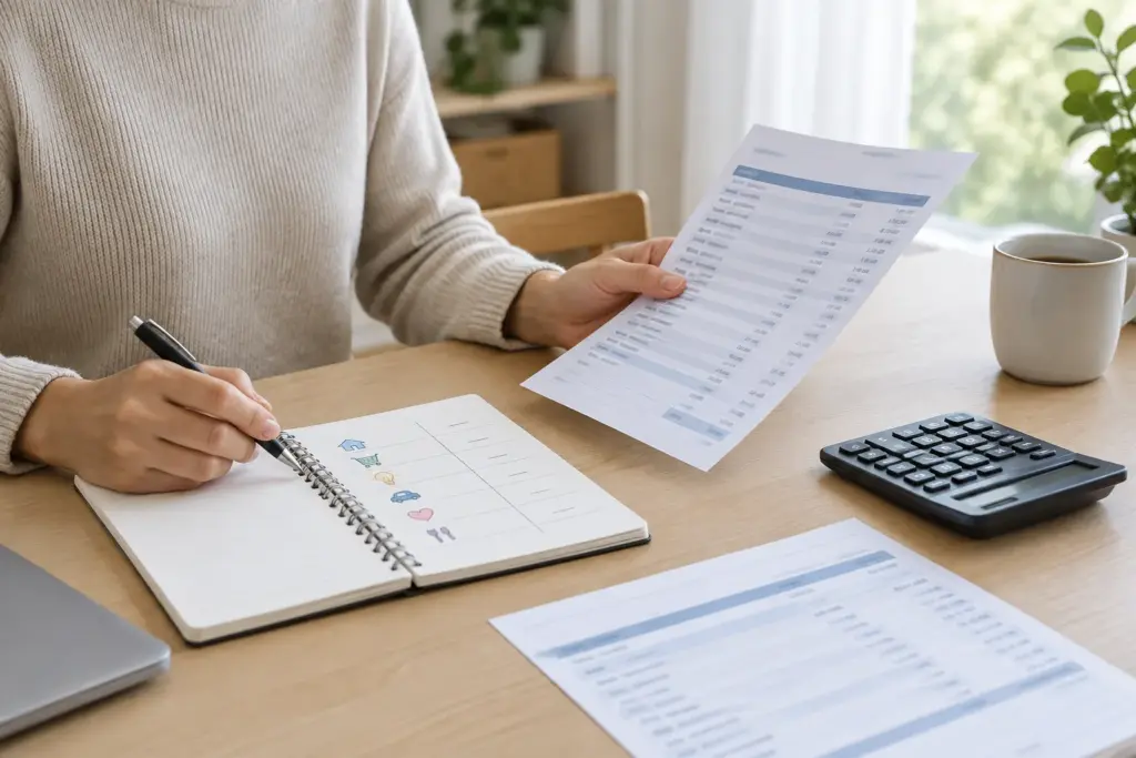 Des mains consultent un relevé bancaire et un carnet de budget posés près d’une calculatrice.