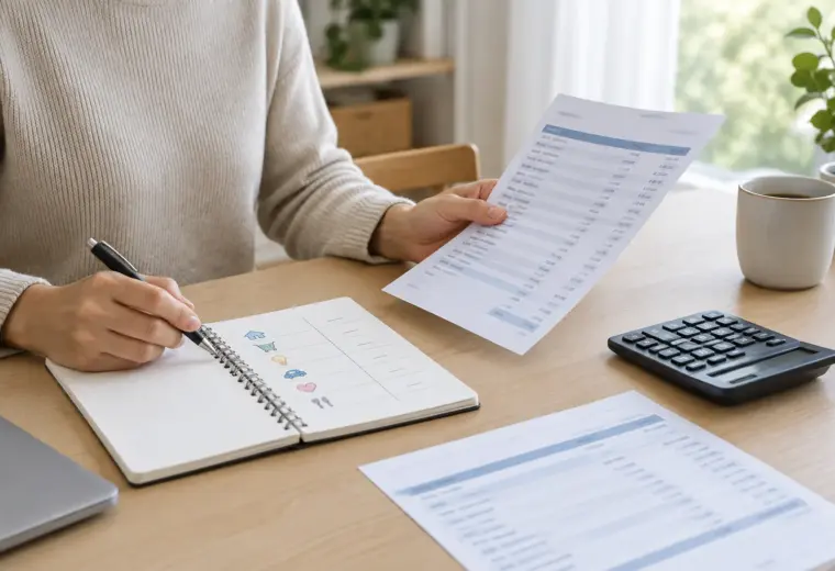 Des mains consultent un relevé bancaire et un carnet de budget posés près d’une calculatrice.