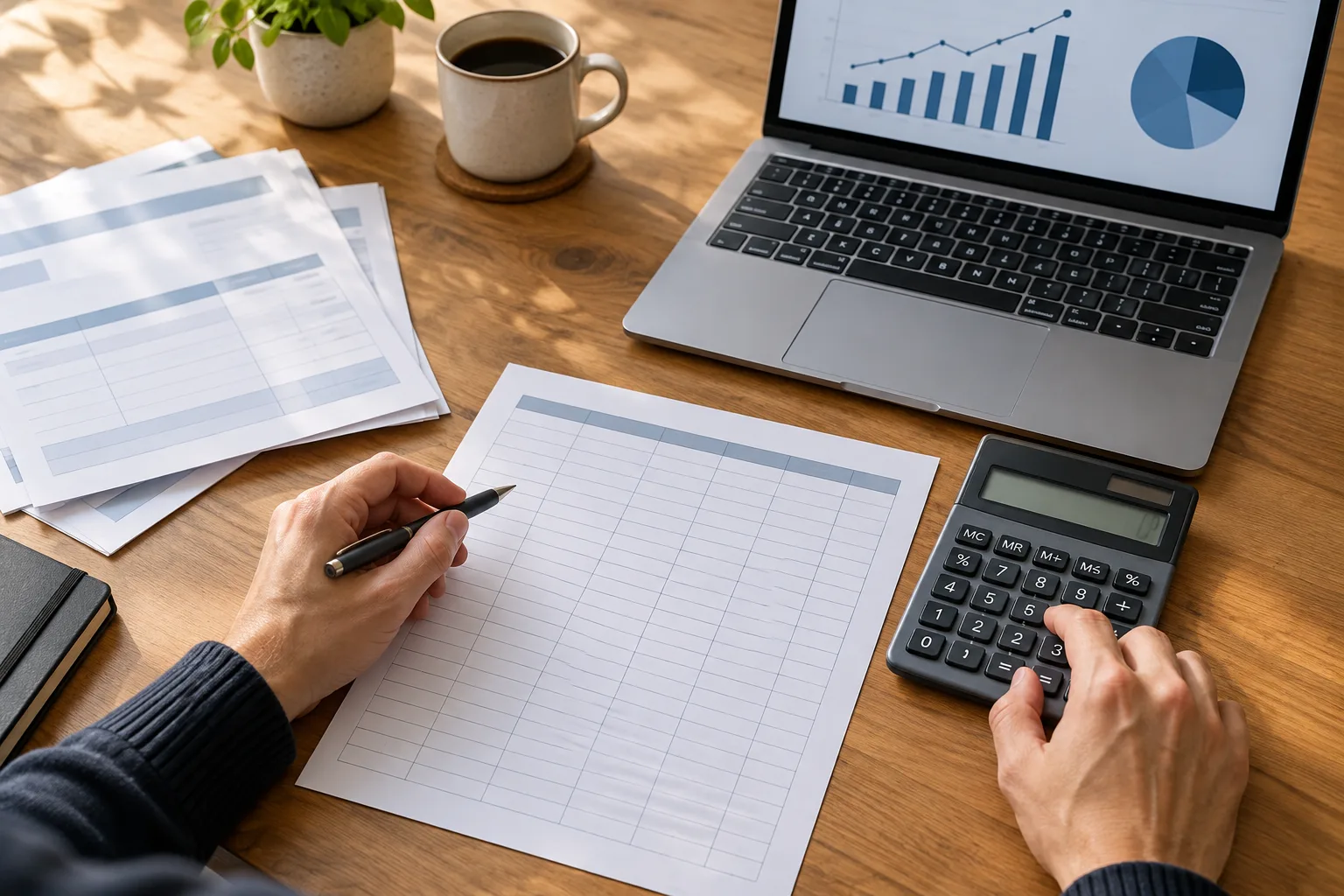 Un dirigeant de petite entreprise suit un prévisionnel de trésorerie sur son bureau.