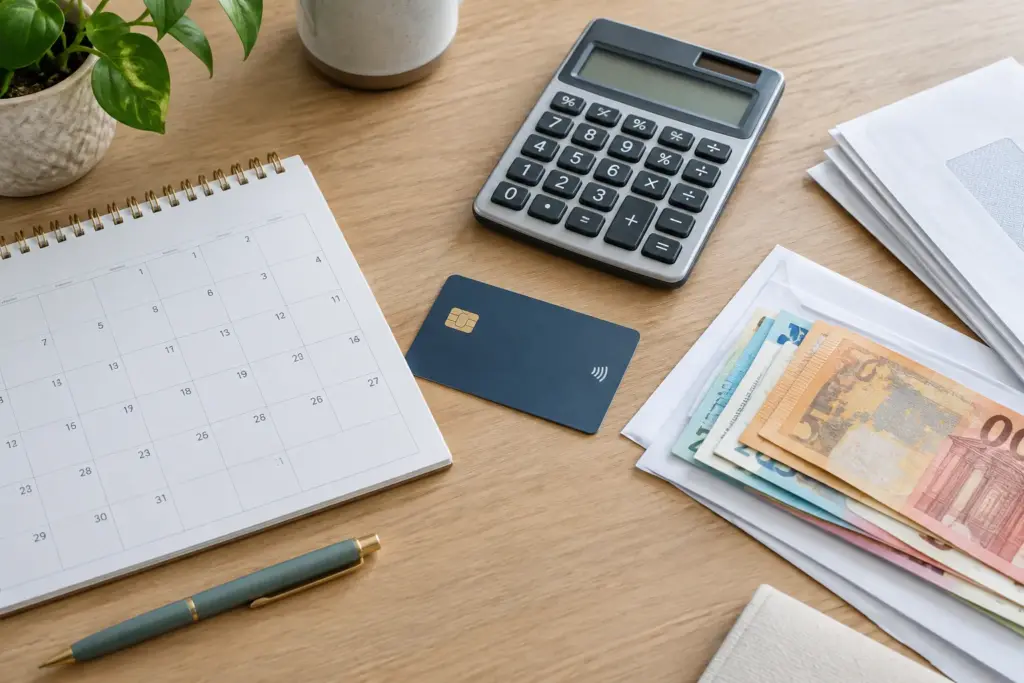 Un bureau de gestion budgétaire avec une carte bancaire, une calculatrice et un calendrier.