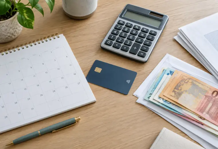 Un bureau de gestion budgétaire avec une carte bancaire, une calculatrice et un calendrier.