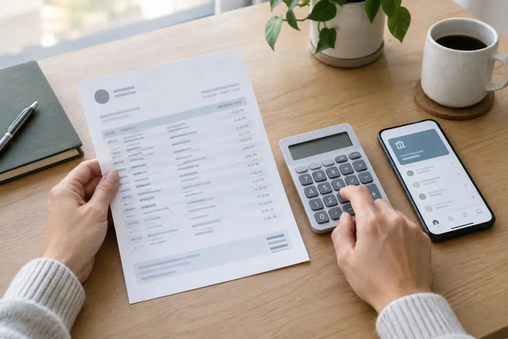 Une personne consulte un relevé bancaire et une calculatrice près d’un smartphone.