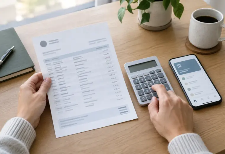 Une personne consulte un relevé bancaire et une calculatrice près d’un smartphone.