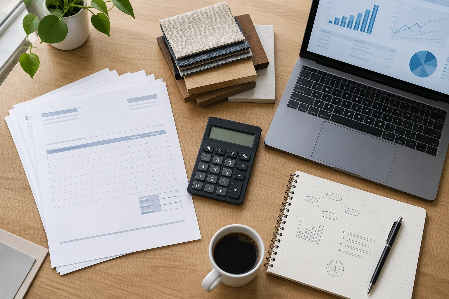 Factures, échantillons de marchandises et calculateur évoquent les différents besoins de financement à court terme.
