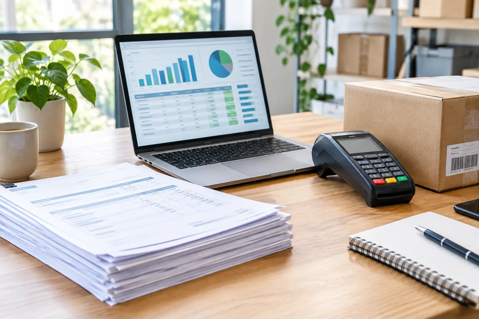 Des factures, un ordinateur et un terminal de paiement dans un espace de travail professionnel.