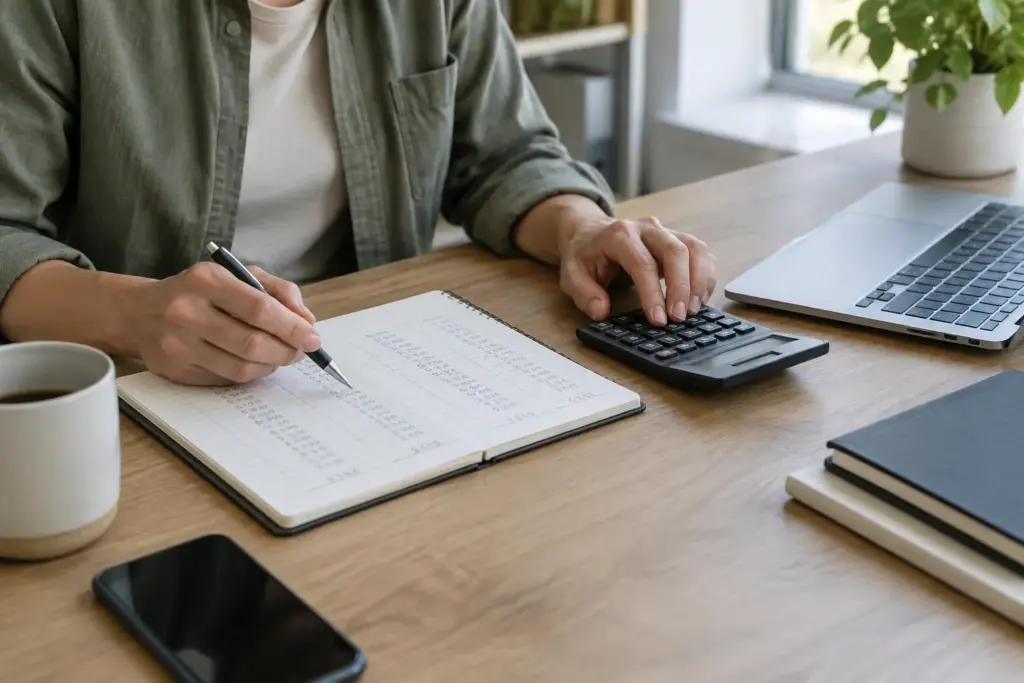 Un cahier de trésorerie, une calculatrice et un ordinateur sur le bureau d’une petite entreprise.