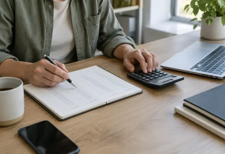 Un cahier de trésorerie, une calculatrice et un ordinateur sur le bureau d’une petite entreprise.