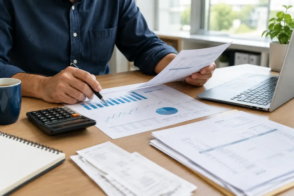 Des documents comptables, un calculateur et un ordinateur réunis sur un bureau de petite entreprise.