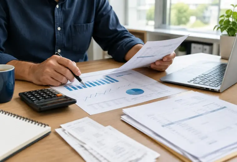 Des documents comptables, un calculateur et un ordinateur réunis sur un bureau de petite entreprise.