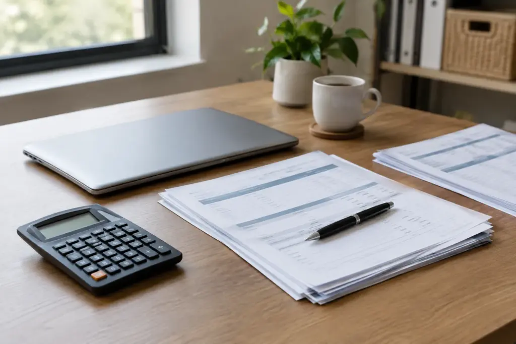 Un bureau professionnel avec une calculatrice et des factures rangées pour suivre la trésorerie.