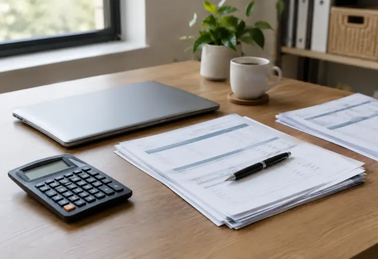 Un bureau professionnel avec une calculatrice et des factures rangées pour suivre la trésorerie.