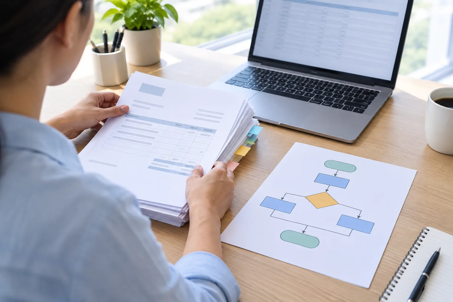 Une personne organise des factures et suit leur traitement depuis un ordinateur.