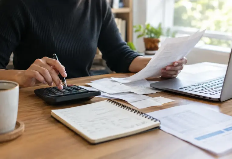 Des factures et un calculateur posés sur le bureau d’une petite entreprise.