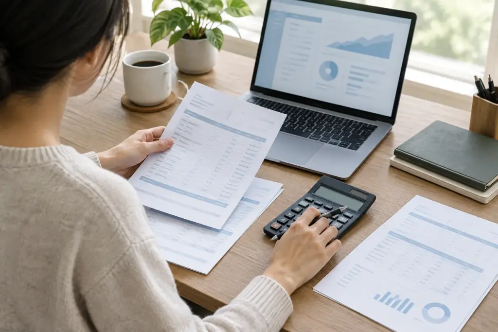 Documents bancaires, calculatrice et ordinateur réunis sur un bureau pour un contrôle comptable.