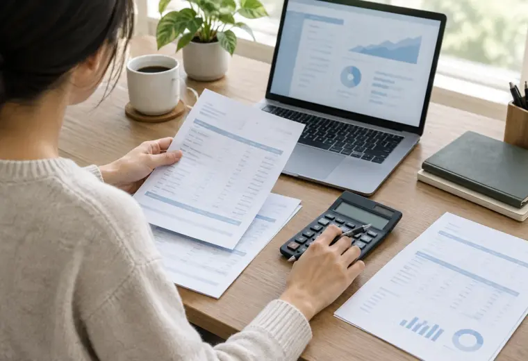 Documents bancaires, calculatrice et ordinateur réunis sur un bureau pour un contrôle comptable.