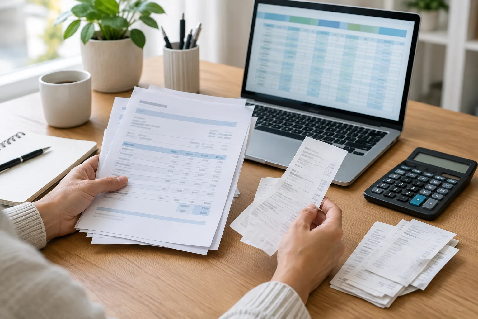 Des factures et des justificatifs sont organisés à côté d’un ordinateur et d’une calculatrice.