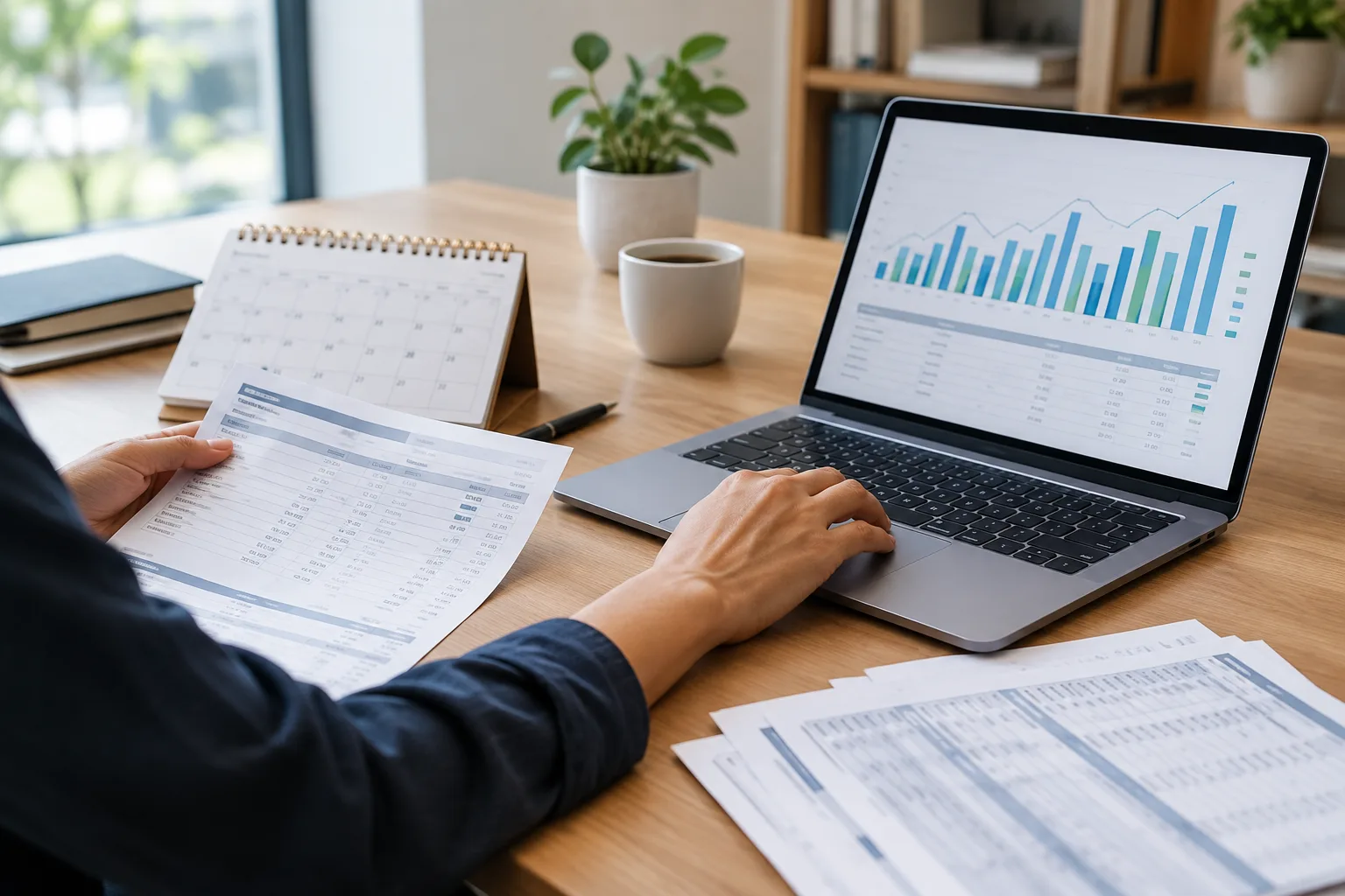 Un tableau de trésorerie est consulté avec un calendrier et des relevés bancaires.