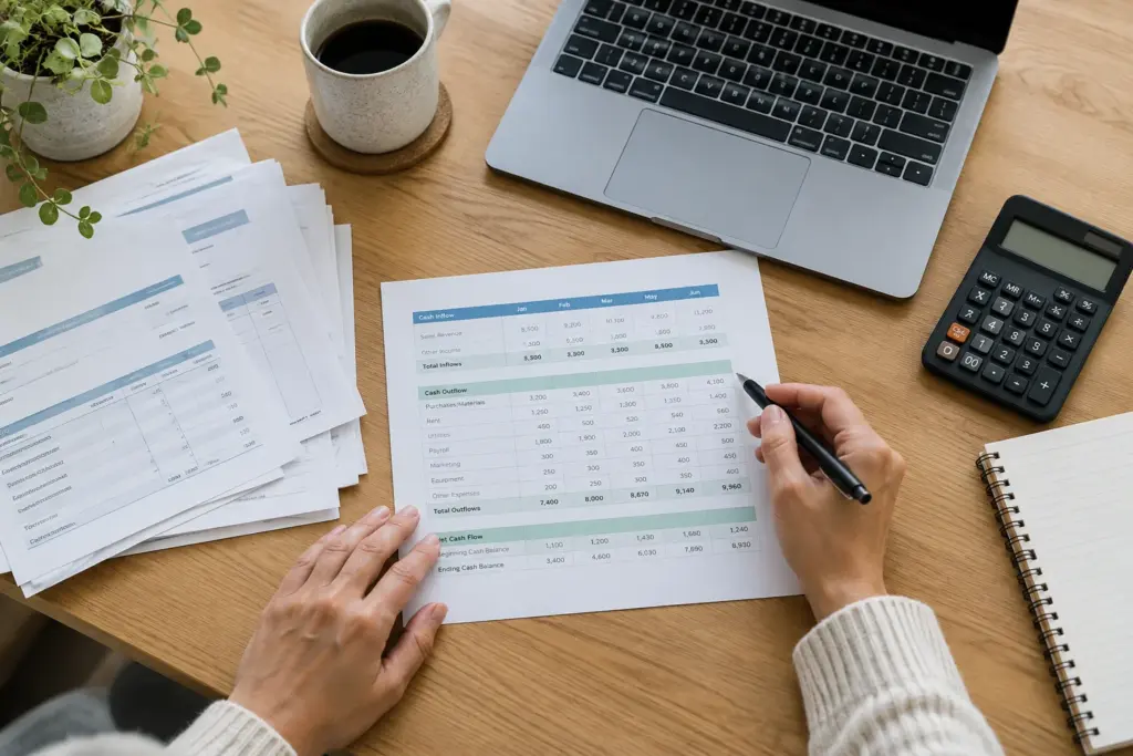 Un dirigeant de petite entreprise examine un tableau financier et des factures sur son bureau.