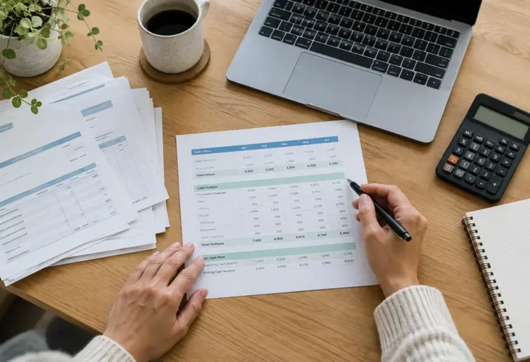 Un dirigeant de petite entreprise examine un tableau financier et des factures sur son bureau.