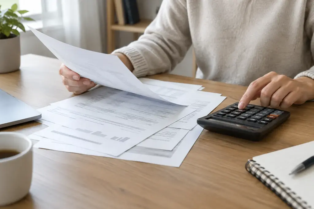 Une personne examine des documents de crédit à côté d’une calculatrice.