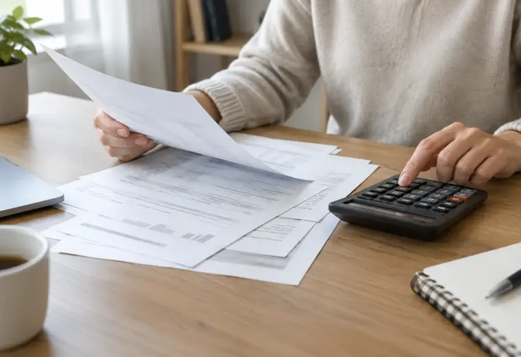 Une personne examine des documents de crédit à côté d’une calculatrice.