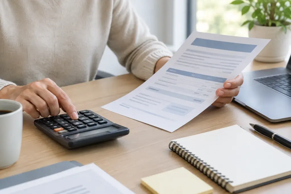 Une personne examine des documents de crédit à côté d’une calculatrice.