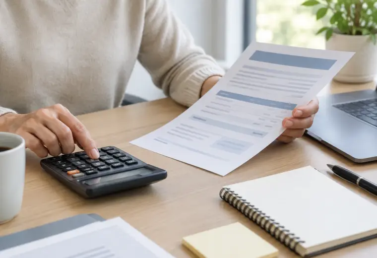 Une personne examine des documents de crédit à côté d’une calculatrice.