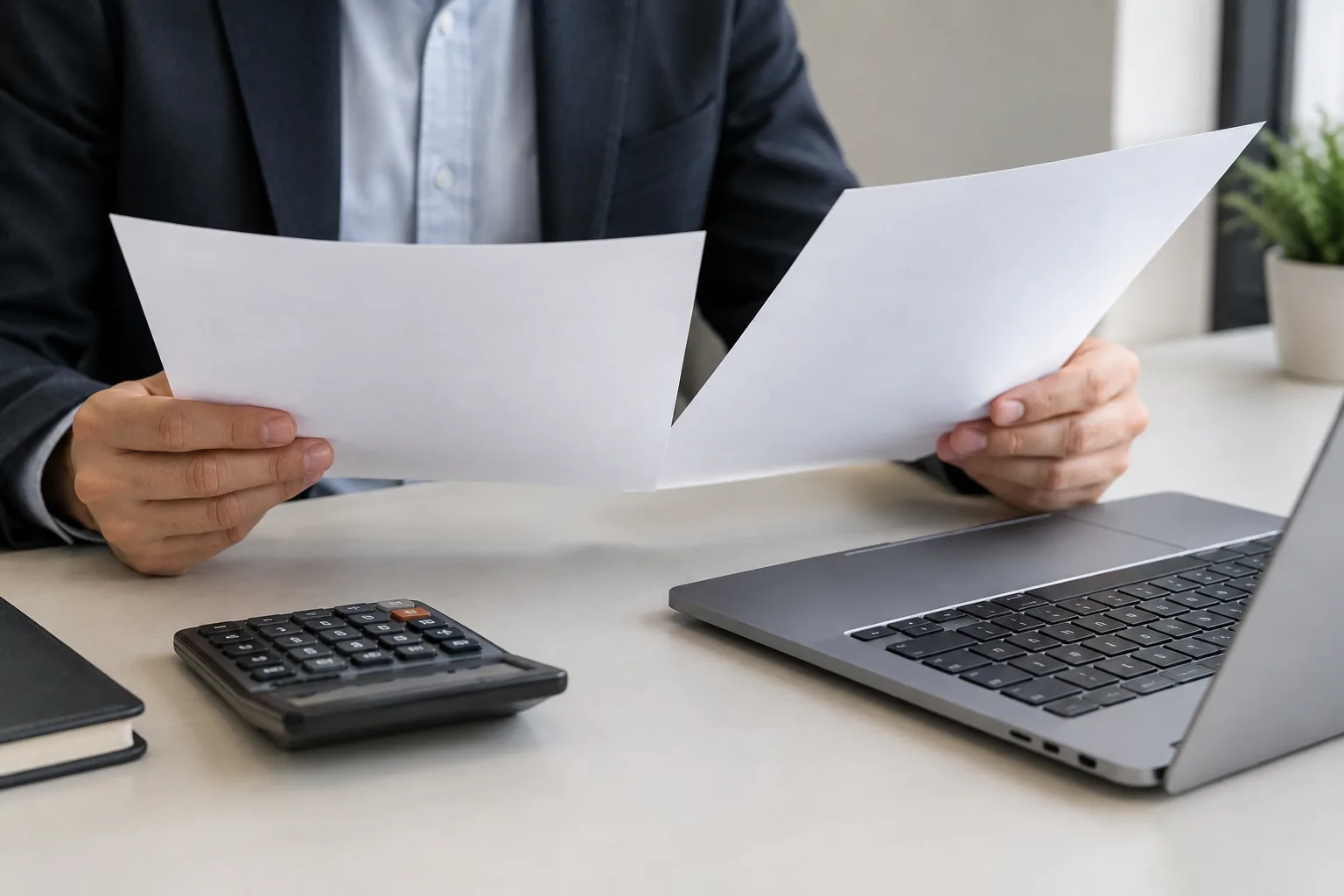Des documents de financement sont comparés à côté d’une calculatrice.