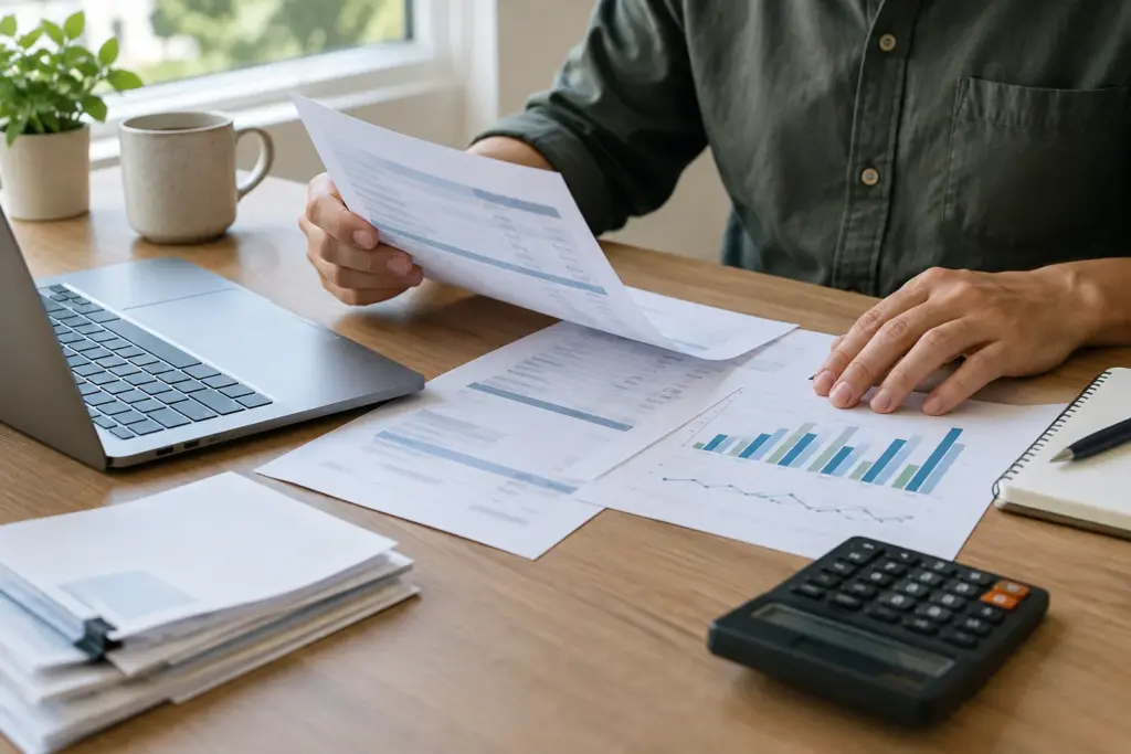 Des factures et un tableau de trésorerie sont consultés sur un bureau.