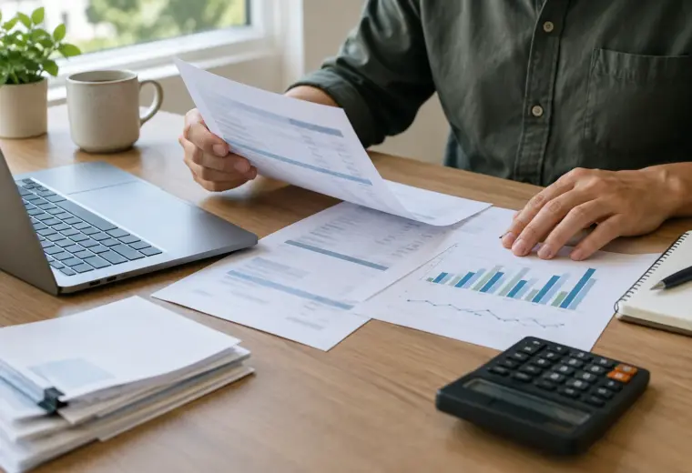 Des factures et un tableau de trésorerie sont consultés sur un bureau.