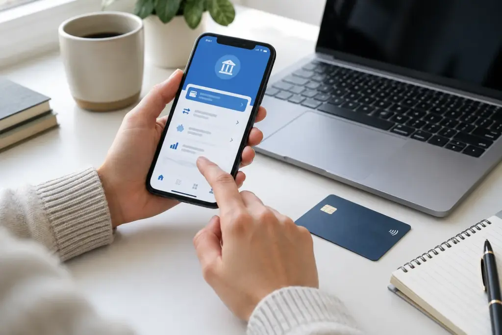 Une personne utilise son smartphone et un ordinateur pour effectuer une opération bancaire.
