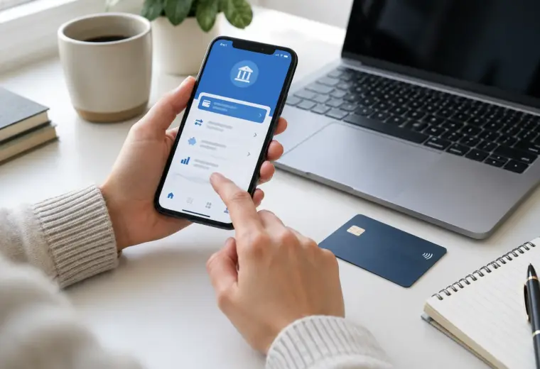 Une personne utilise son smartphone et un ordinateur pour effectuer une opération bancaire.