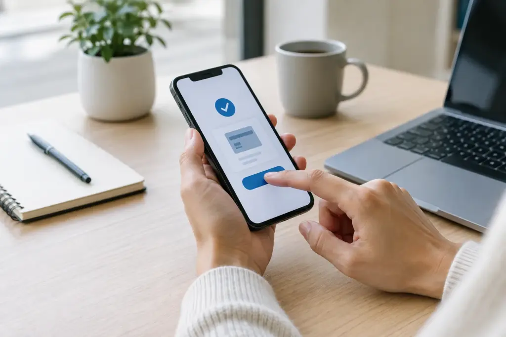 Une personne confirme un paiement bancaire depuis son smartphone, installé sur un bureau.