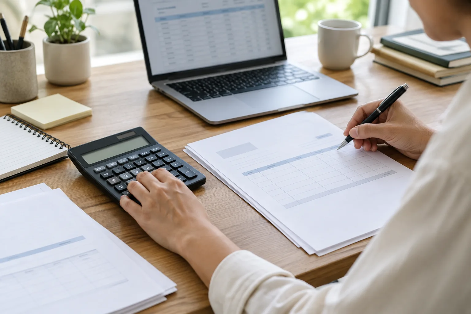 Un dirigeant prépare une facture d’acompte à côté d’une calculatrice et de documents comptables.