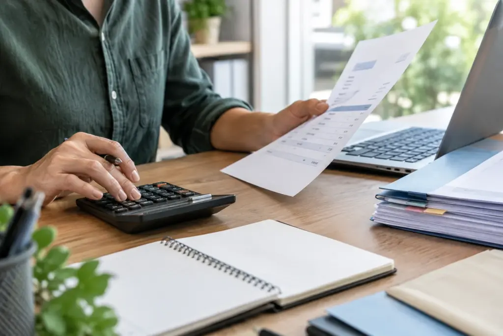 Une facture et une calculatrice posées sur le bureau d’une petite entreprise.
