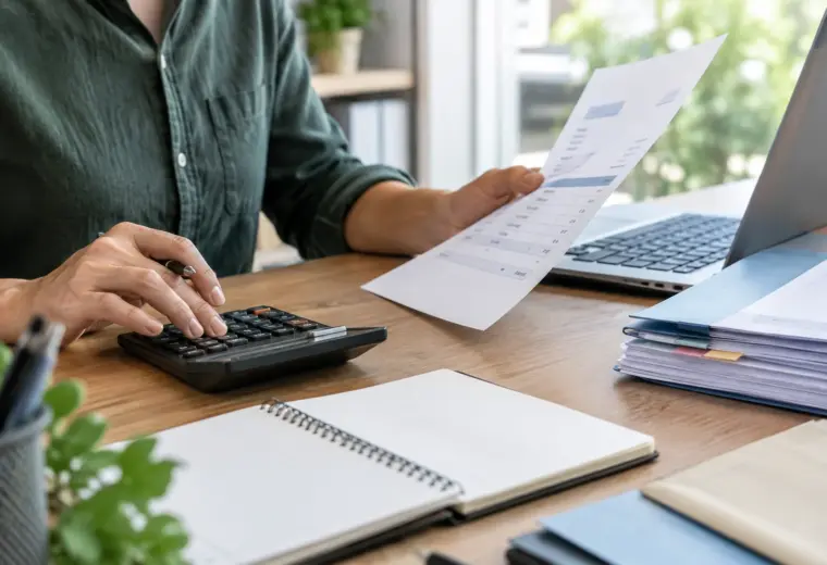 Une facture et une calculatrice posées sur le bureau d’une petite entreprise.