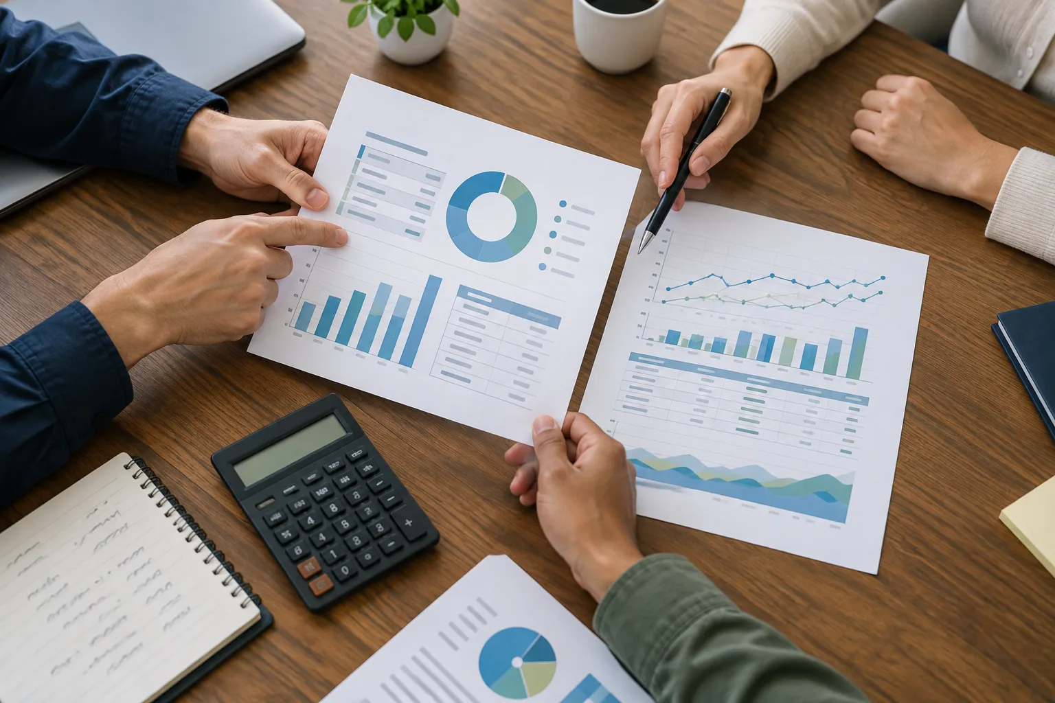 Des documents de suivi financier et une calculatrice posés sur une table.