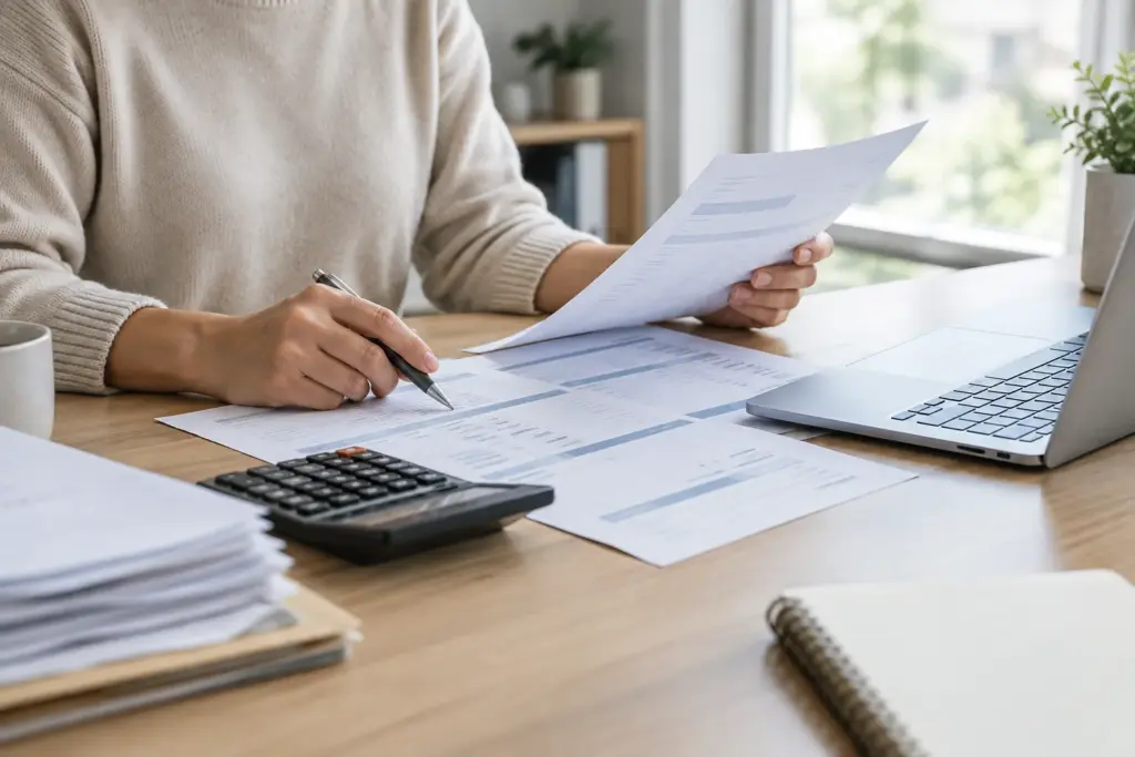 Des factures et une calculatrice sur le bureau d’une petite entreprise.