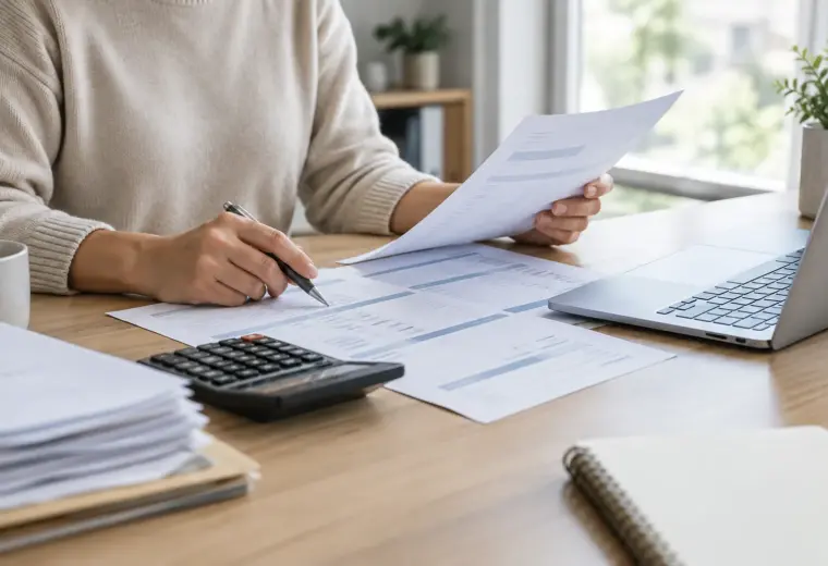 Des factures et une calculatrice sur le bureau d’une petite entreprise.