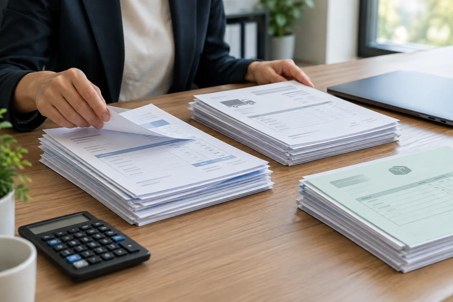 Des factures professionnelles triées avec des justificatifs de livraison sur un bureau.