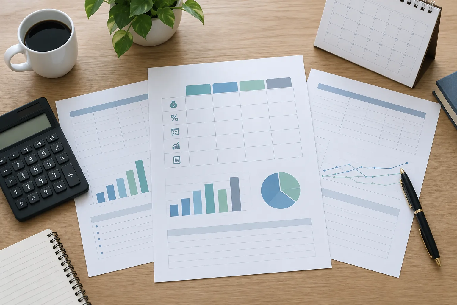 Un bureau avec une calculatrice, un calendrier et des documents de gestion financière.
